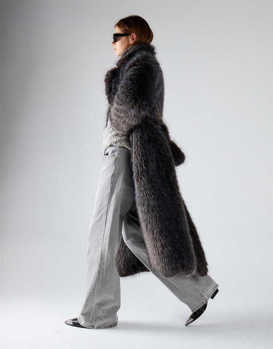 Dark Grey Tipped Fur Tie Waist Coat
