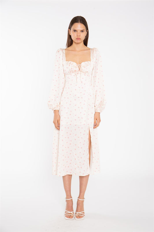 Peach-Pink Daisy Milkmaid Midi-Dress