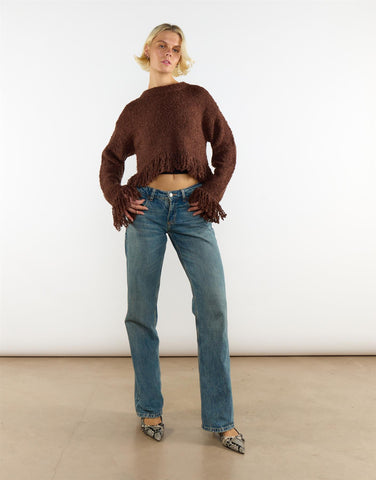 Chocolate Brown Fringe Trim Long Sleeve Jumper