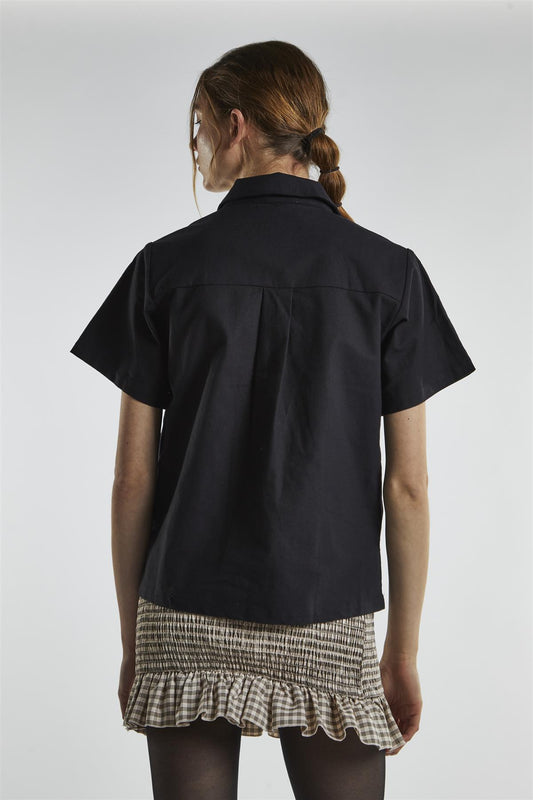 Lapel Collar Short Sleeves Shirt - Black