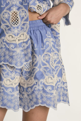 Embroidered Chambray High Rise Lined Shorts