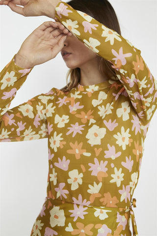 Olive Multi Flower Mesh Floral Long Sleeve-Top