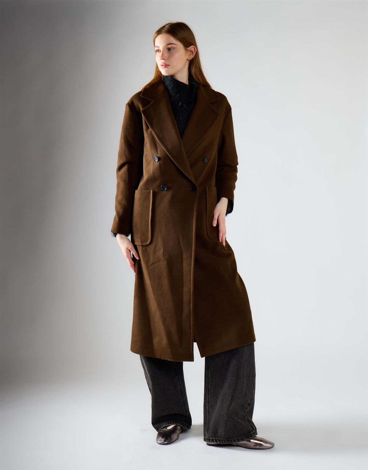 Chocolate Brown Lapel Collar Midi Coat