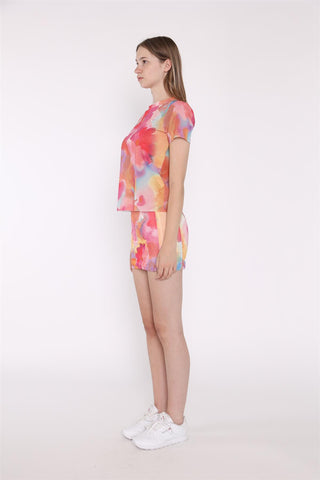 Multi Watercolour Flower Bodycon Cropped Tee