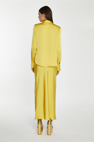Yellow Satin Bias-Cut Midi-Skirt
