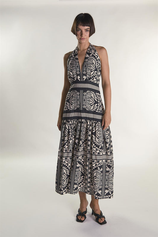 Scarf Border Print Halter Maxi Dress