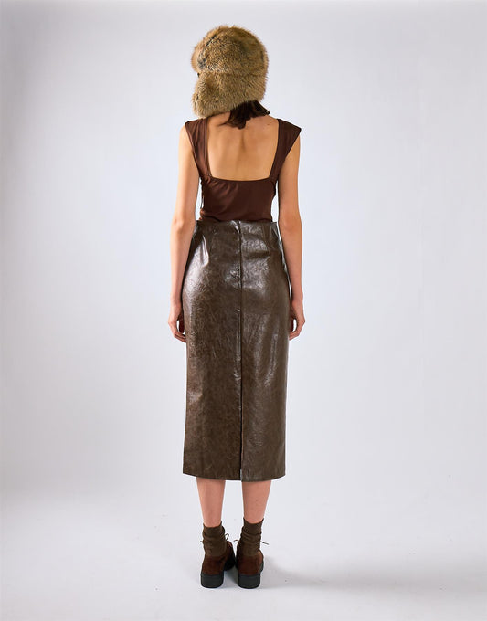 Brown PU Midi Bodycon Skirt
