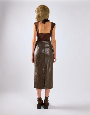 Brown PU Midi Bodycon Skirt