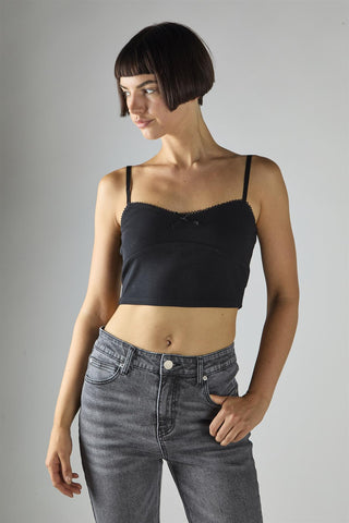 Black Sleeveless-Ribbed-Bow-Detail Crop-Top