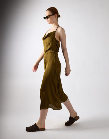 Khaki Satin Cowl Neck Midi Dress