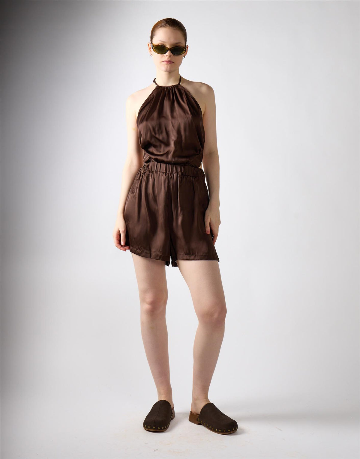 Brown Open Tie Back Halter Playsuit