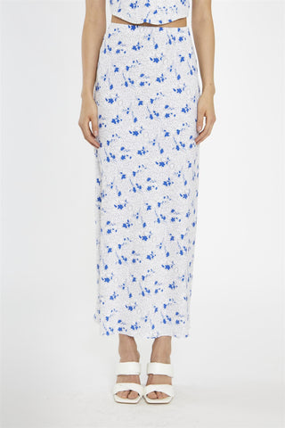 Blue-Dot Vintage-Floral Bias-Cut Midi-Skirt