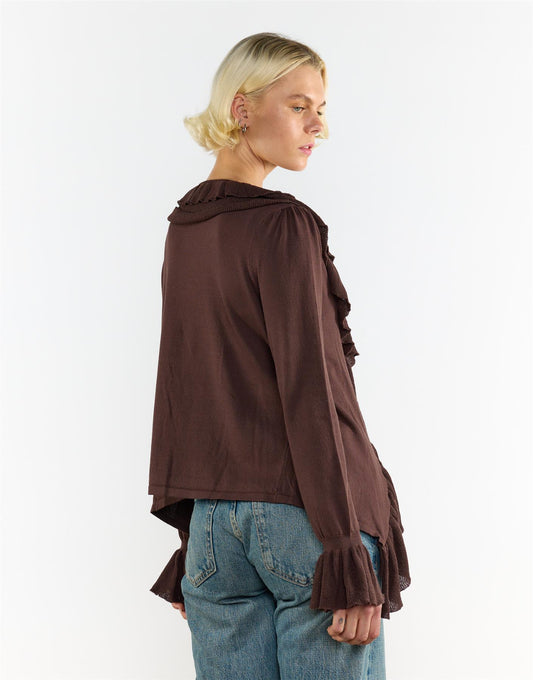 Ruffle Tie Front Top In Brown
