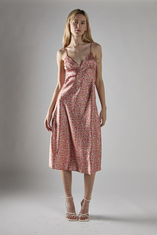Multi Coral Ditsy Spaghetti-Strap Midi-Dress