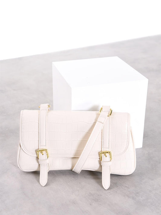 White Croc Double Gold Buckle Bag