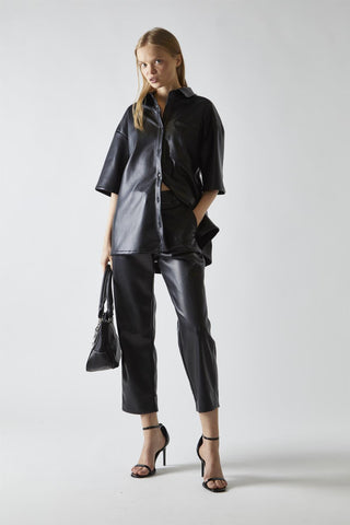 Black-PU Straight Fit Crop Trousers