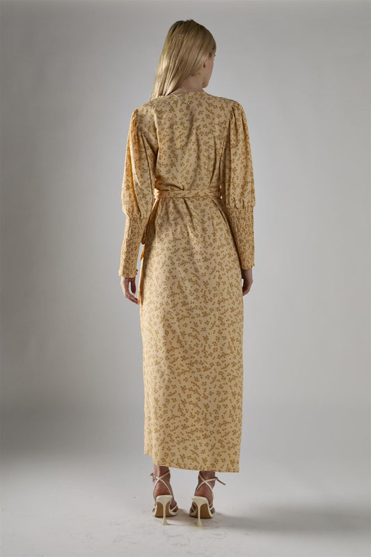 Beige-Mustard-Ditsy Wrap Midi-Dress