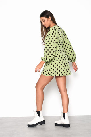 Green Brown Polka Dot Wrap Mini-Dress
