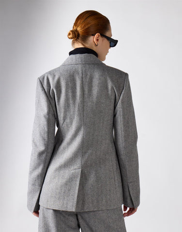 Grey Herringbone Double Button Blazer