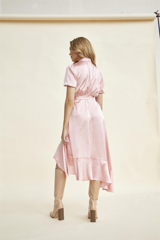 V Neck Midi Dress - Pink Peach Sateen