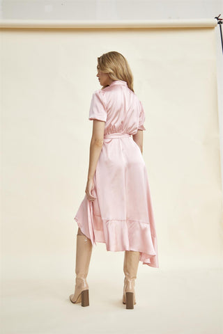 V Neck Midi Dress - Pink Peach Sateen