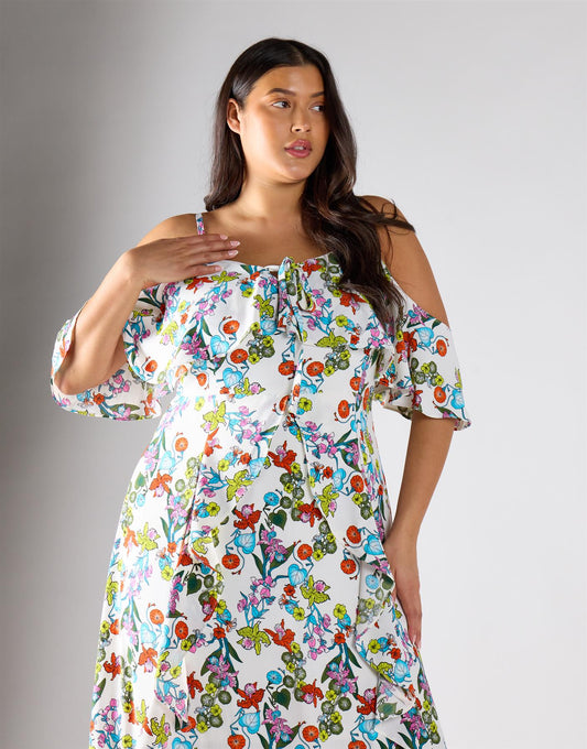Glamorous Curve Bardot Multi Floral Strap Ruffle Dress