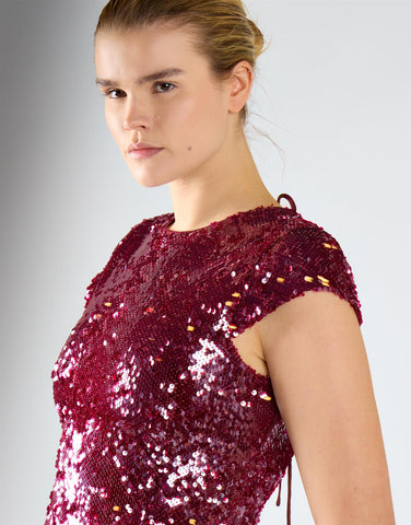 Port Red Sequin Cap-Sleeves Open Tie Back Mini Dress