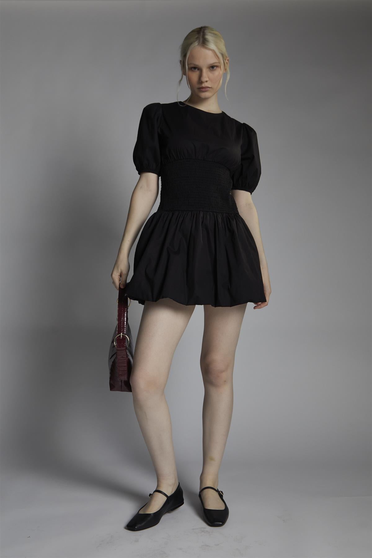 Shirred Bubble Hem Mini Dress - Black