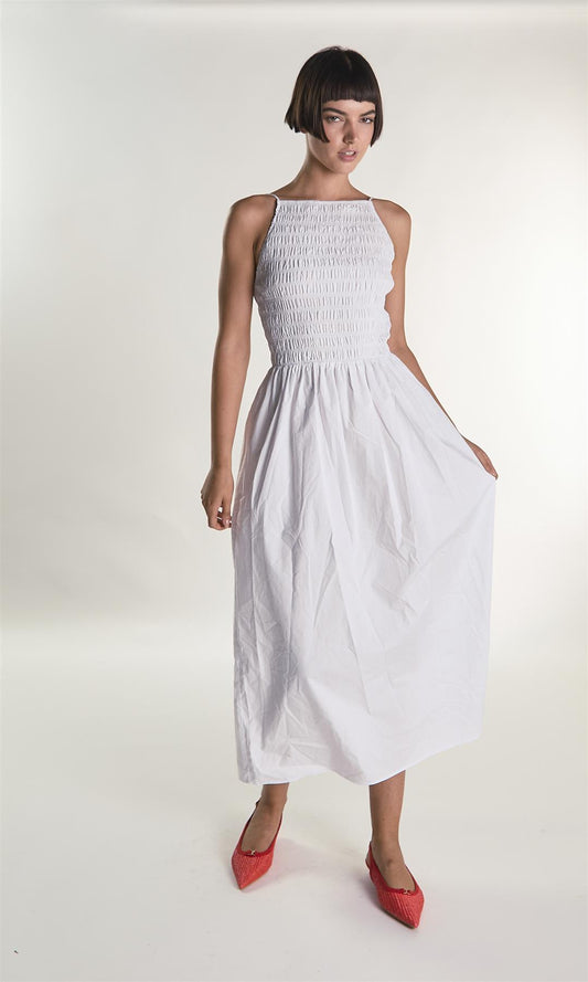 White Shirring Body Boat Neck Maxi Dress