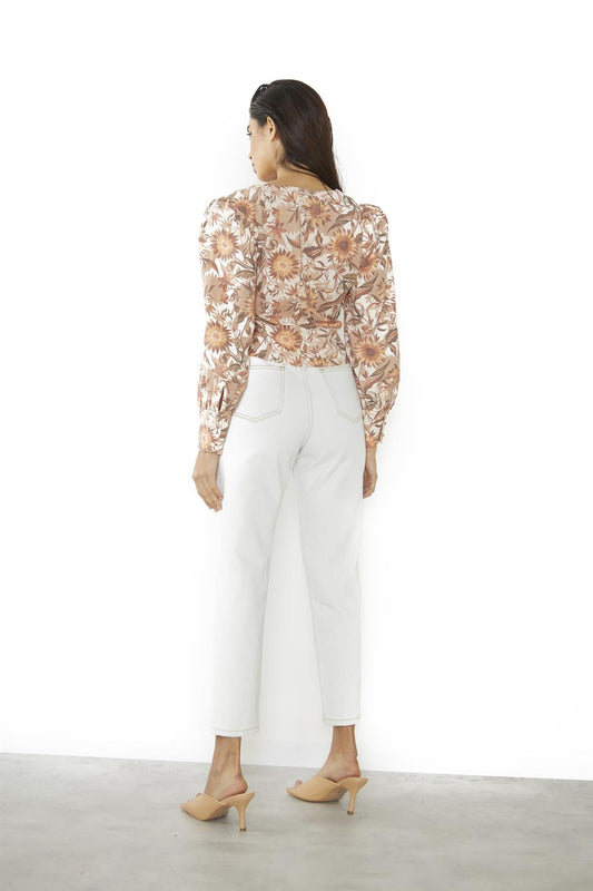 Multi-Sunflower V-Neck Button Up-Top