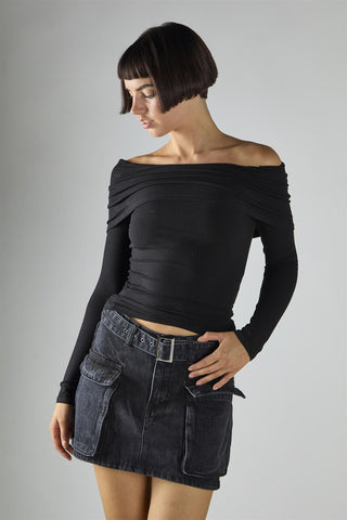 Black Ribbed-Off-Shoulder-Double-Layer Long Sleeve-Top