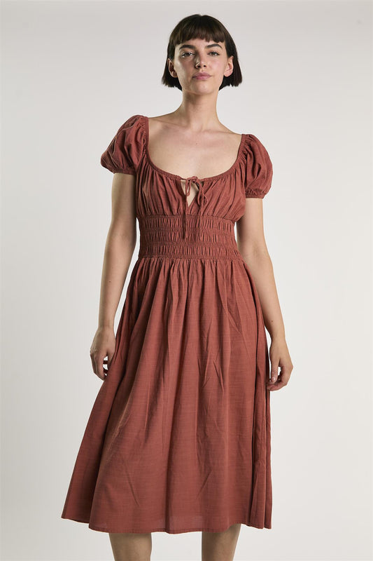 Mid Copper Shirring Waist Midi Dress