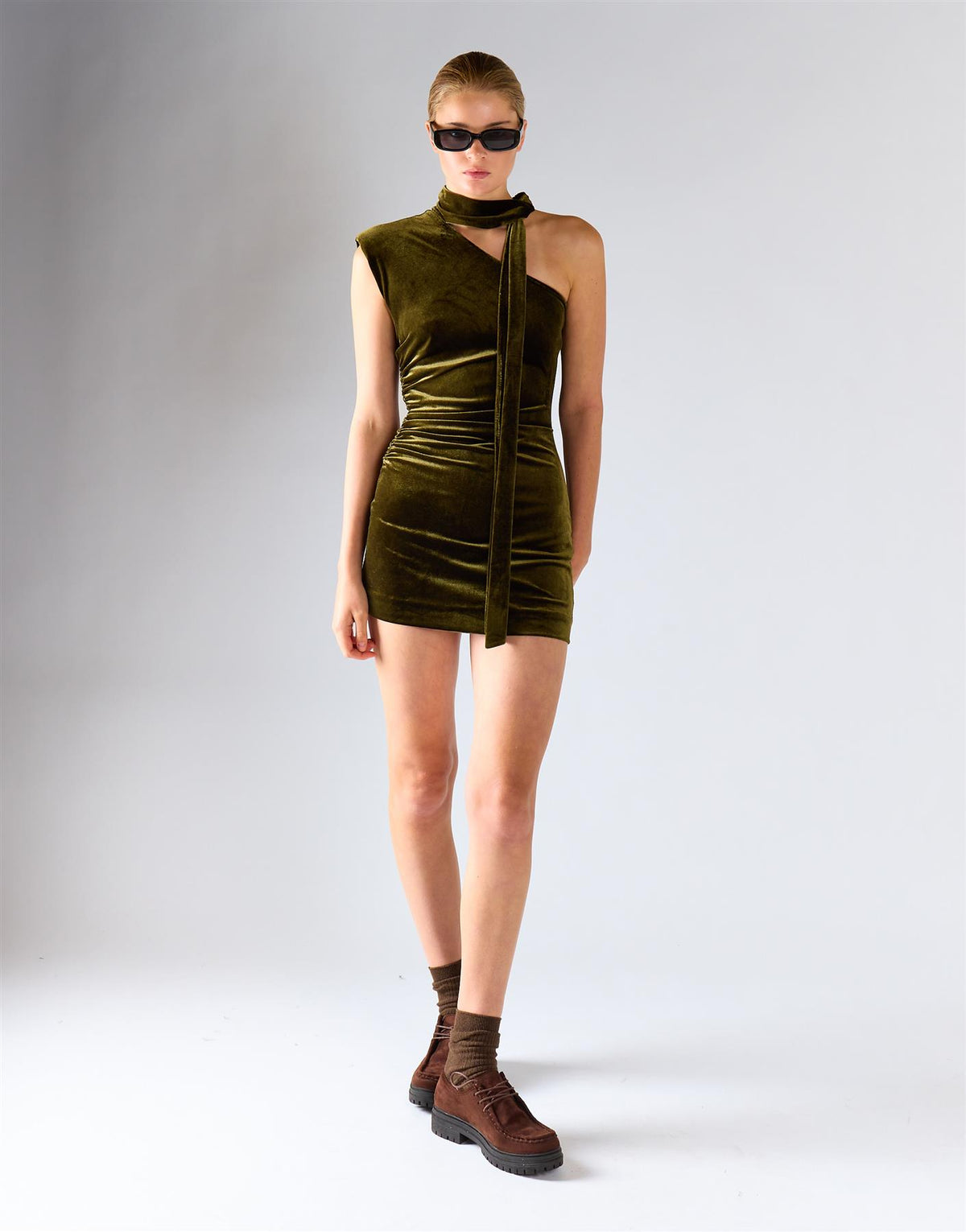 Olive Velvet One-Shoulder Mini Dress With Neck-Tie
