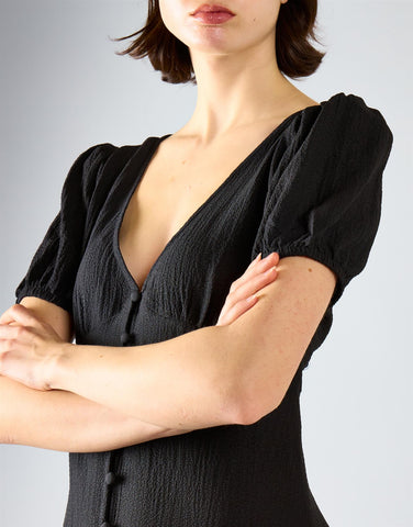V-Neck Puff Sleeve Midi Dress - Black