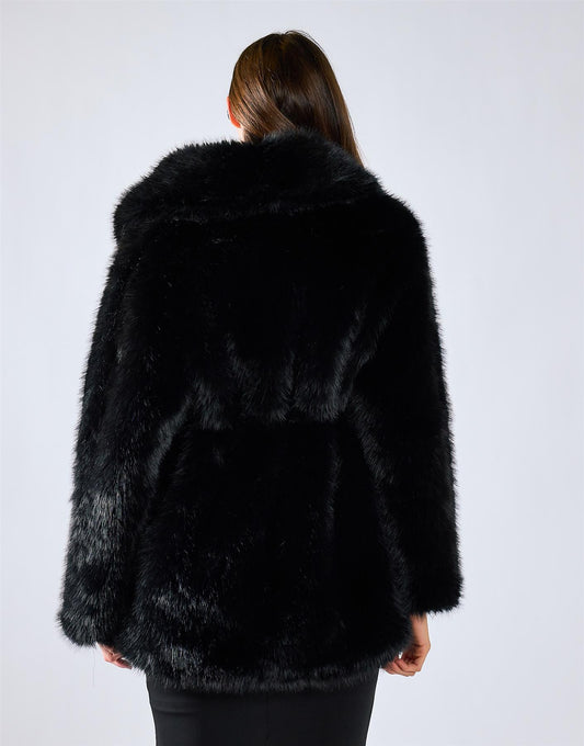 Black Oversized Tie Waist Fur Coat