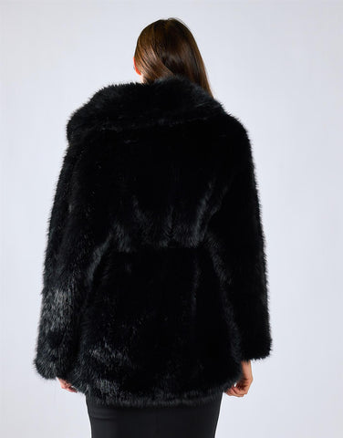 Black Oversized Tie Waist Fur Coat