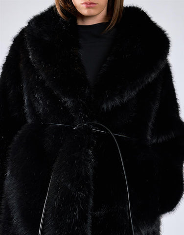Black Oversized Tie Waist Fur Coat