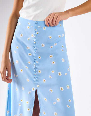 Blue Spaced Floral Button-Up Maxi Skirt