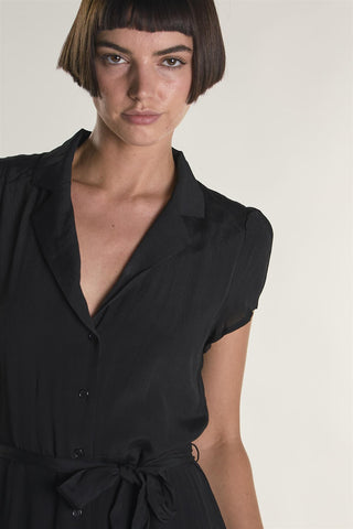 Black Short-Sleeve-Button-Front-Wrap Midi-Dress