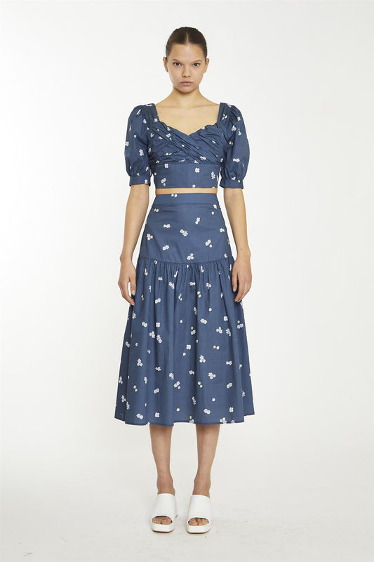 Navy Scattered Flower Sweetheart Neckline Crop-Top