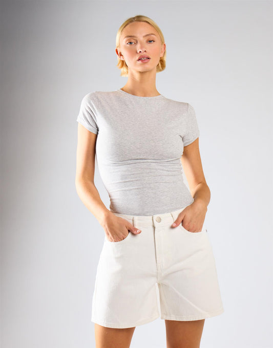 Mid Waist Loose Fit Denim Shorts - Ecru