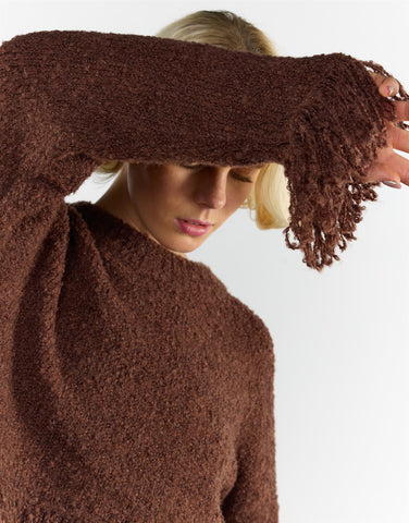 Chocolate Brown Fringe Trim Long Sleeve Jumper
