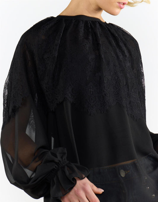 Lace Details Cape Blouse - Black