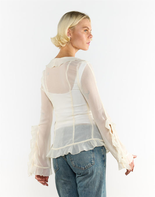V Neck Sheer Frill Blouse in Cream