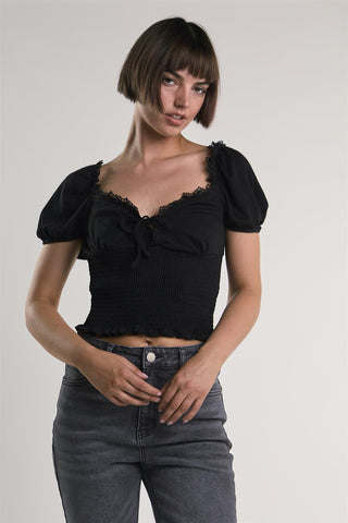 Black Puff-Sleeve-Babydoll Crop-Top