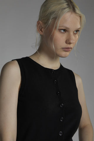 Black Button-Front-Vest Sleeveless-Top