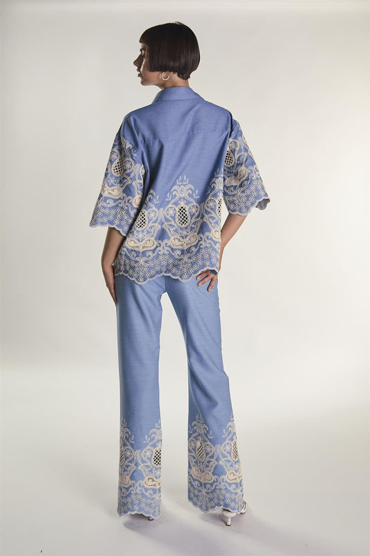 Embroidered Chambray High Waisted Flared Trousers