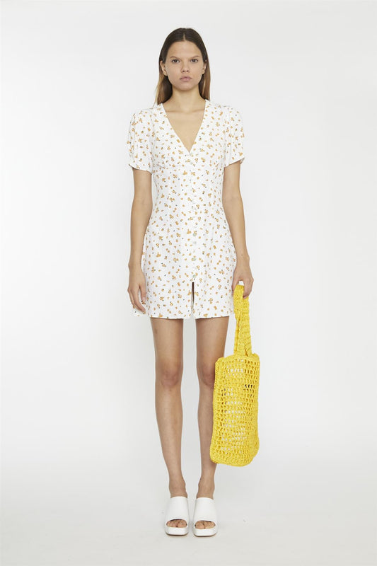 White Orange Ditsy V-Neck Button Down Mini-Dress