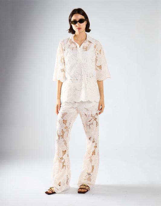 White Embroidered Flare Short Sleeve Shirt