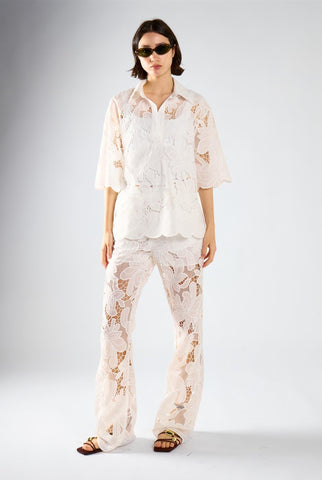 White Embroidered Flare Short Sleeve Shirt